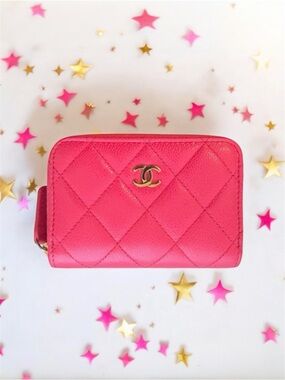 💞CHANEL Zip Coin Purse Wallet Quilted Hot Pink CAVIAR CC Logo Gold-Tone Hardware